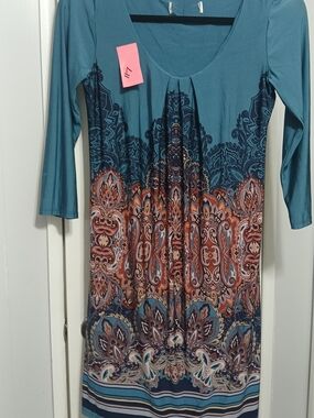 Wallis Teal and Multicolor Paisley Long-Sleeve Scoop Dress